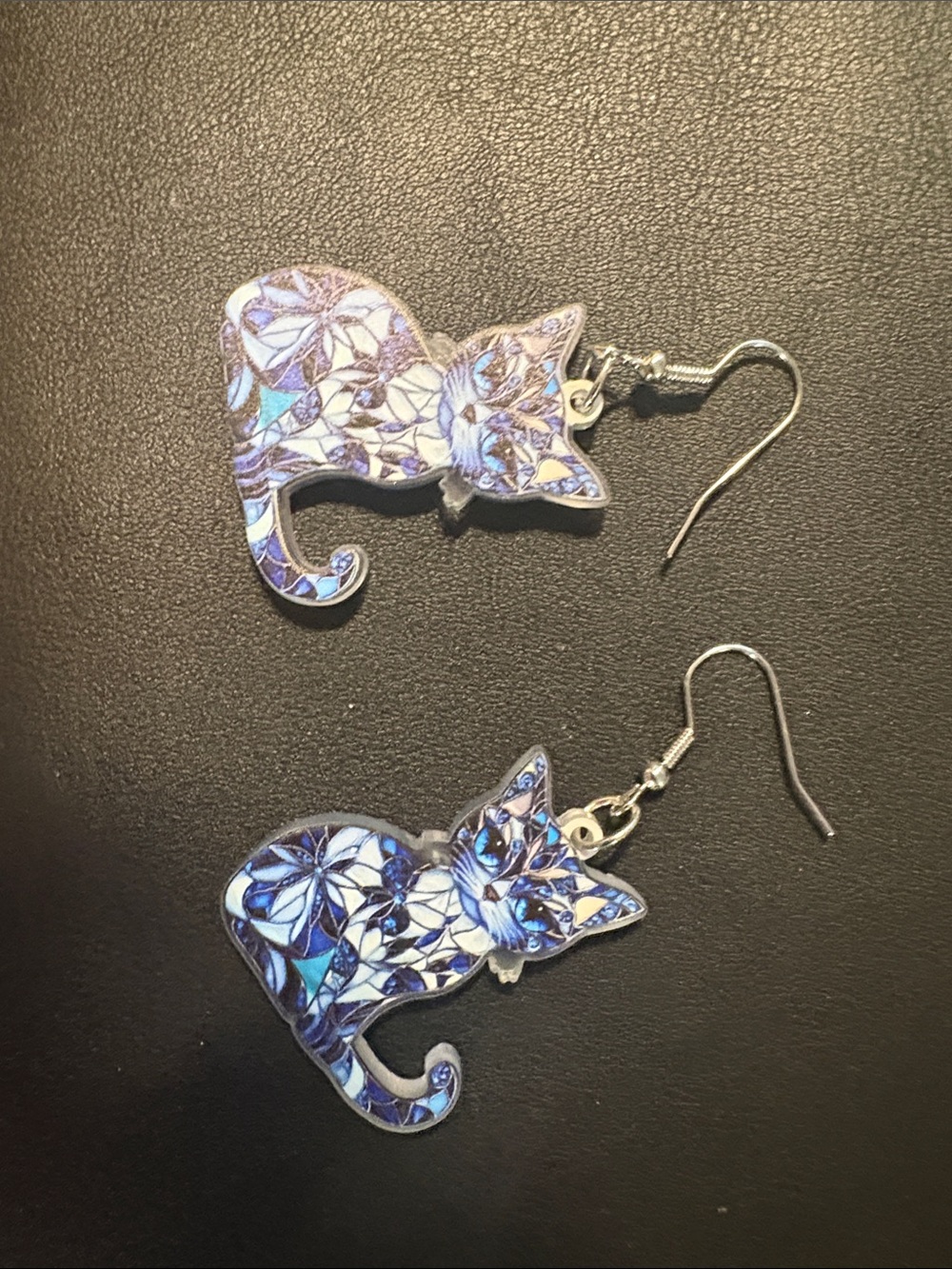 Blue Floral Cat Dangle Earrings